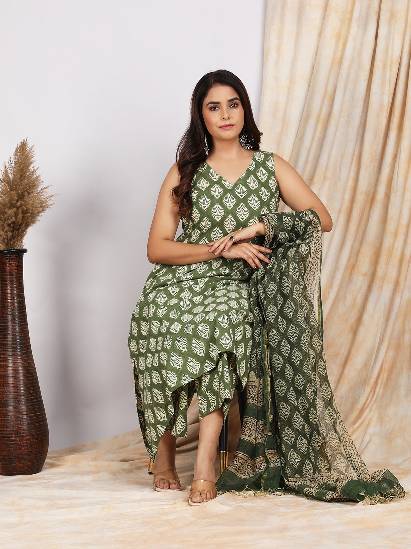 Pista Phool Cotton Handblock Print Kurta Set