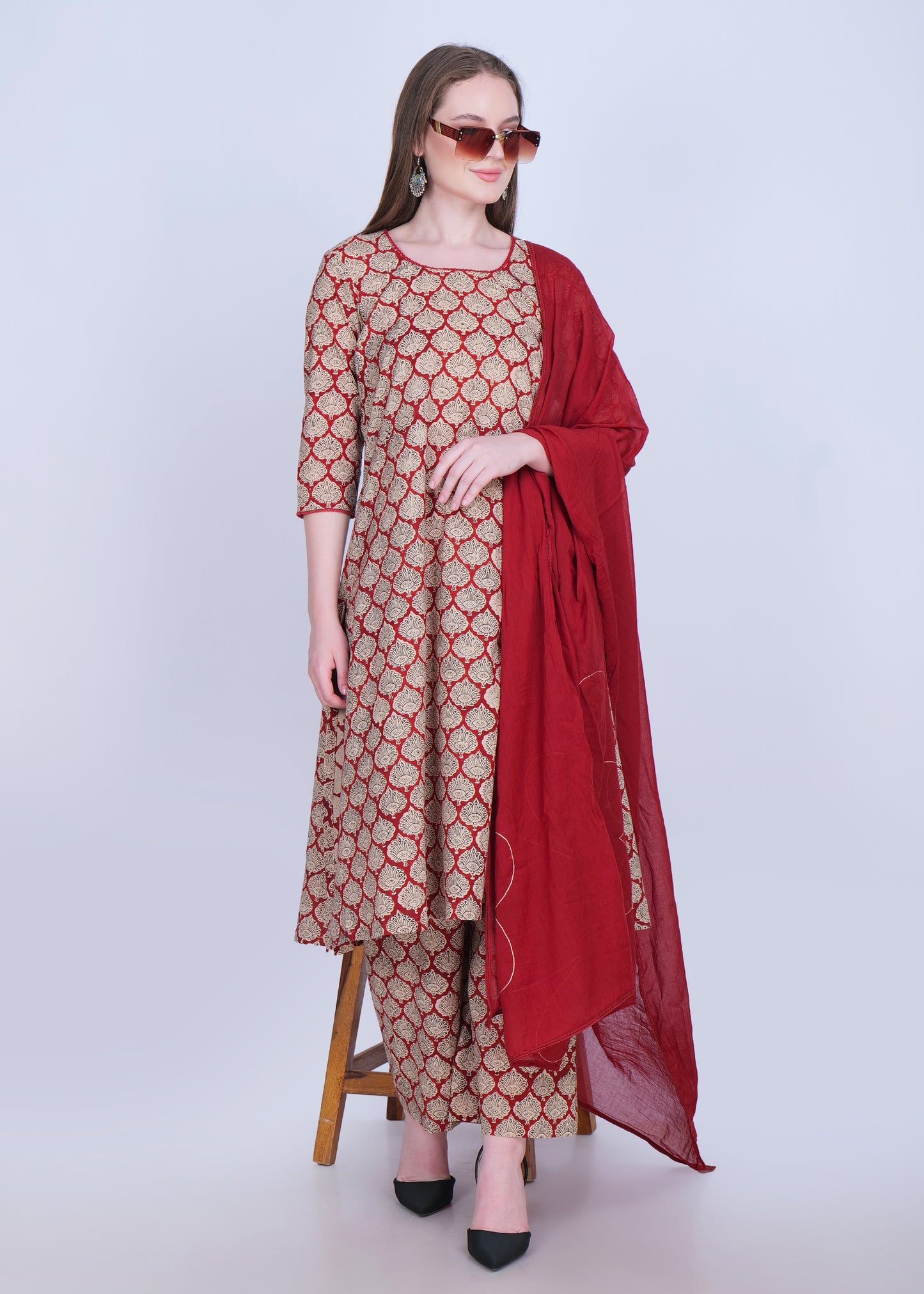 Sindoori Elegance Cotton Handblock Print Kurta Set