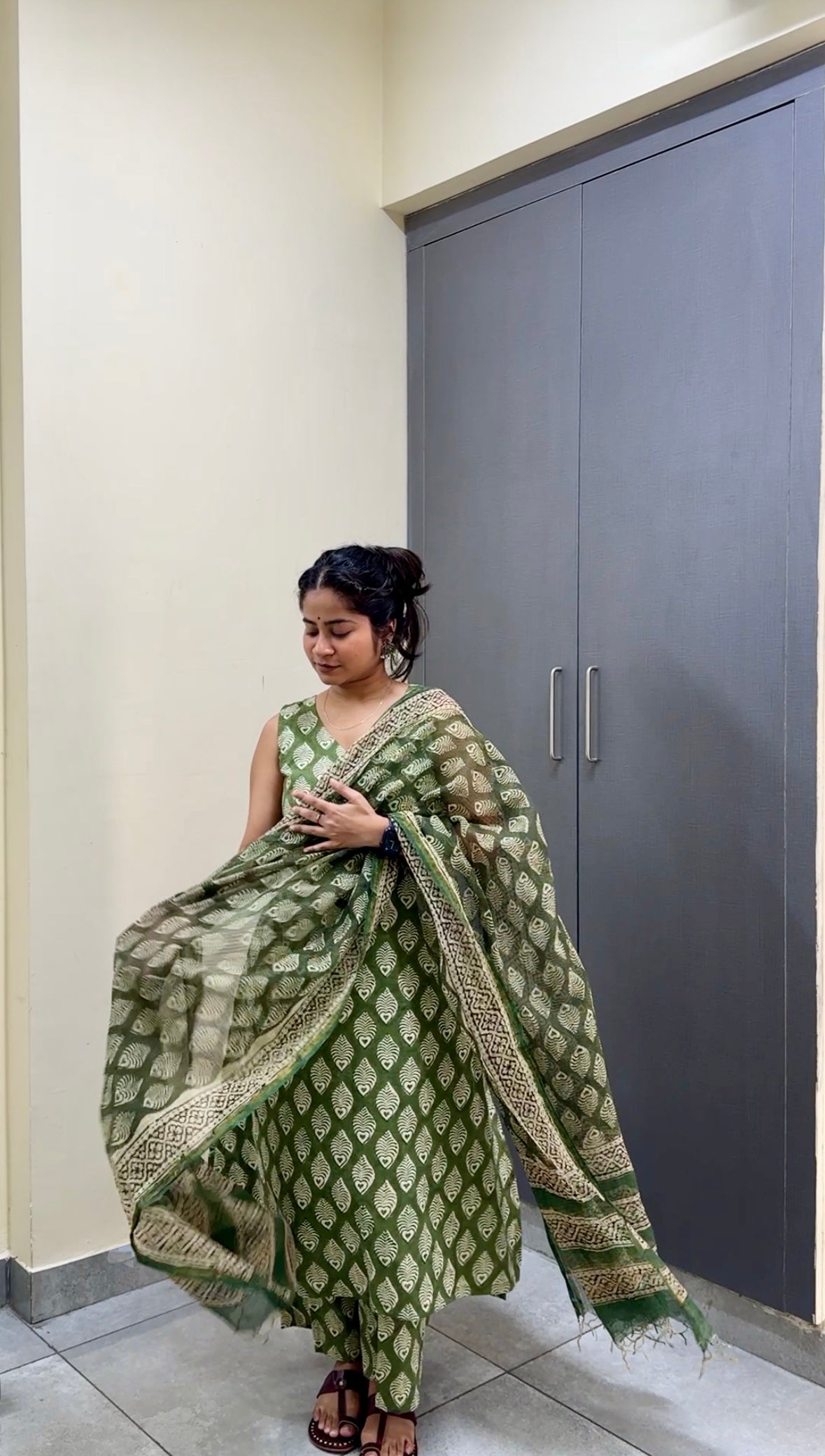 Pista Phool Cotton Handblock Print Kurta Set