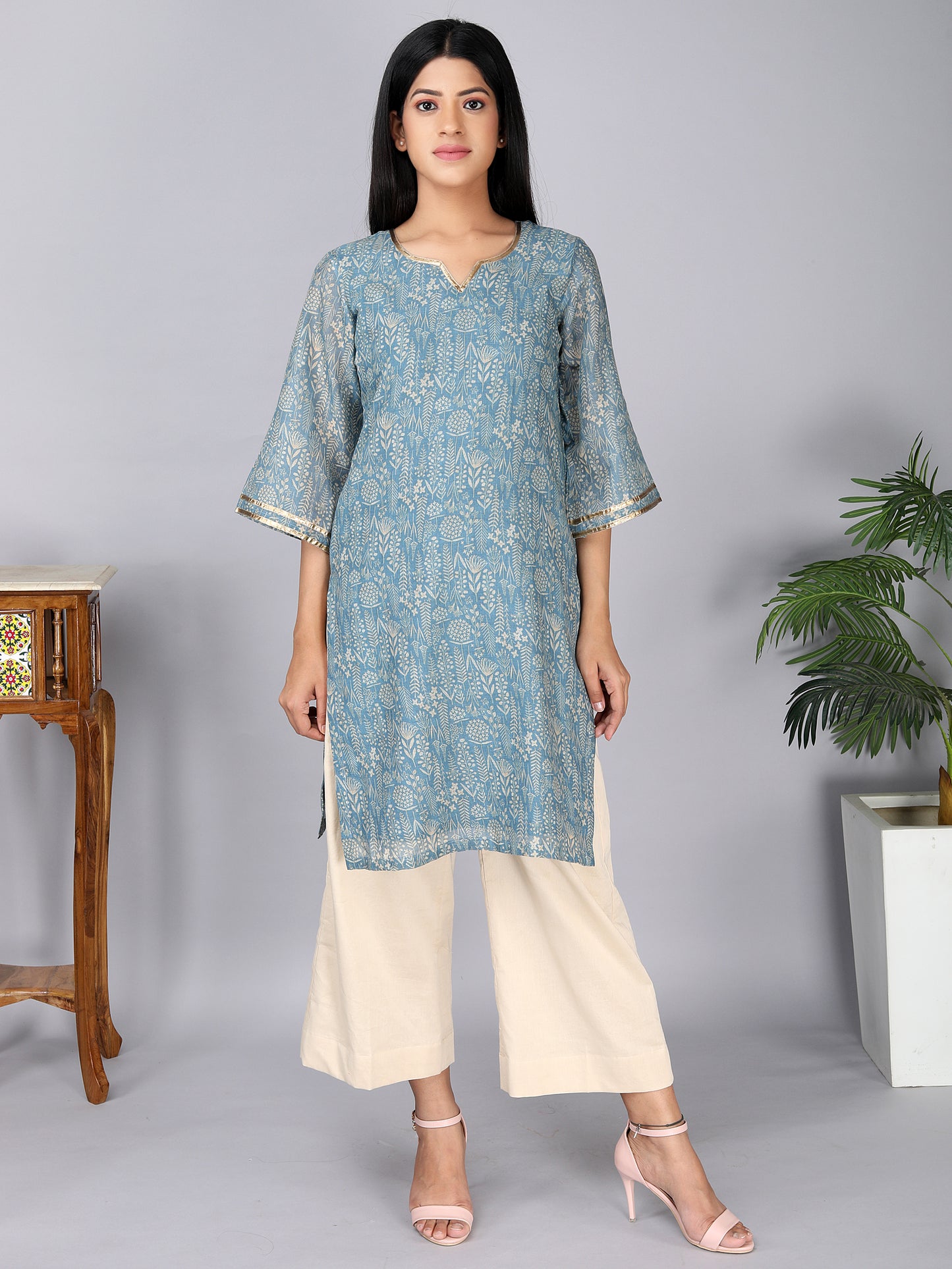 Blue And Beige Floral Pattern Digital Print Pure Cotton Mulmul Kurta Set