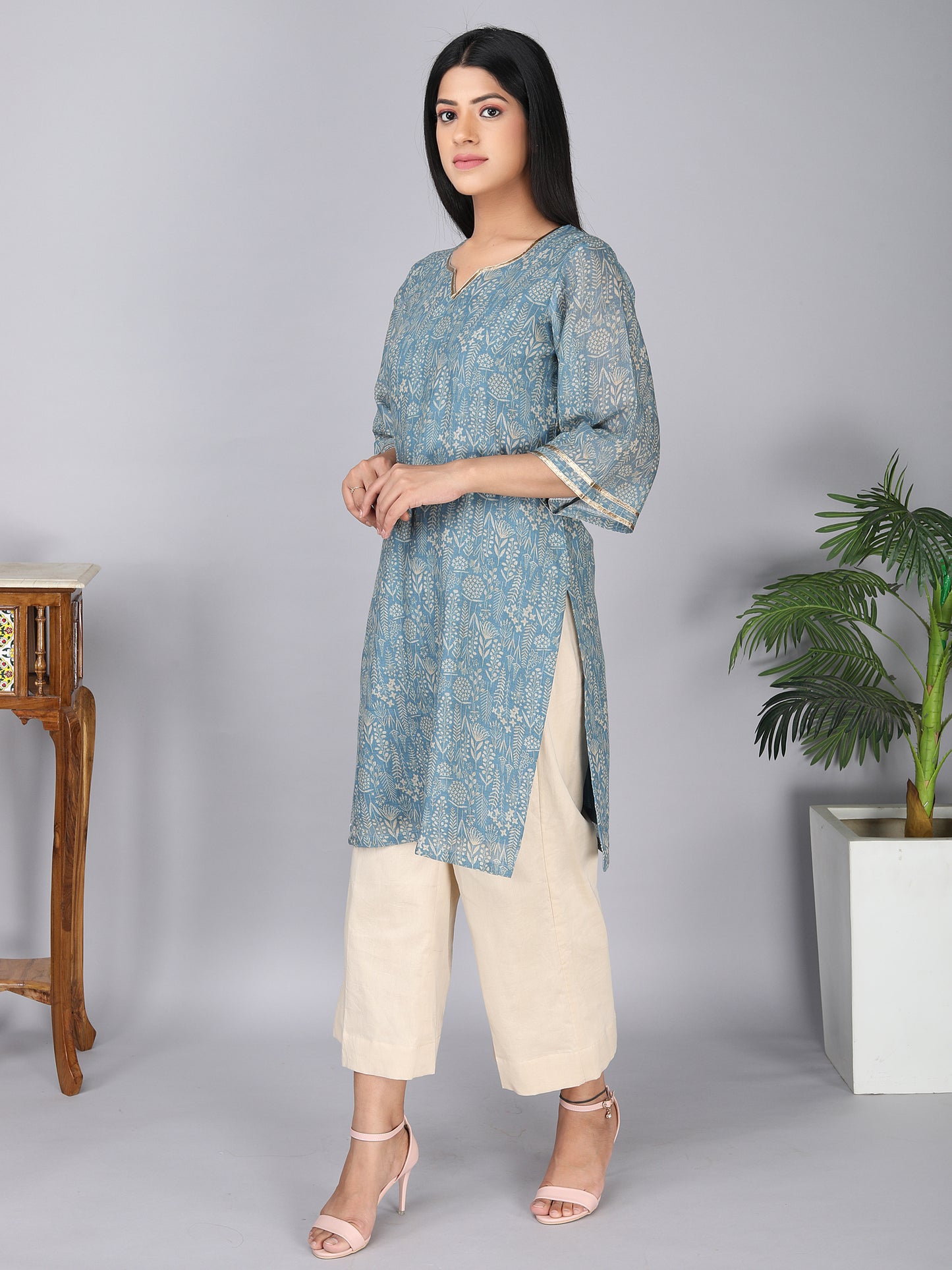 Blue And Beige Floral Pattern Digital Print Pure Cotton Mulmul Kurta Set