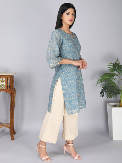 Blue And Beige Floral Pattern Digital Print Pure Cotton Mulmul Kurta Set