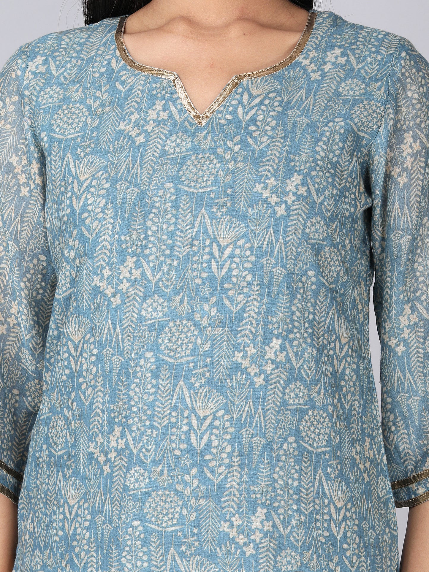 Blue And Beige Floral Pattern Digital Print Pure Cotton Mulmul Kurta Set