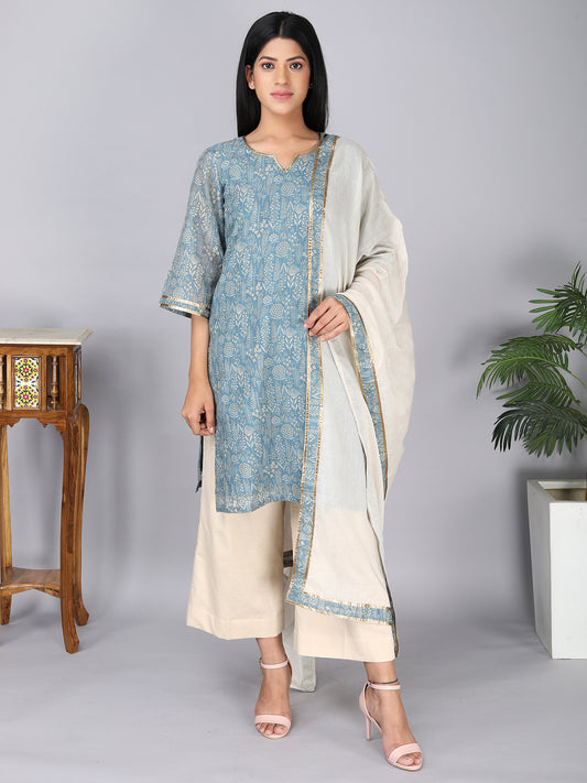 Blue And Beige Floral Pattern Digital Print Pure Cotton Mulmul Kurta Set