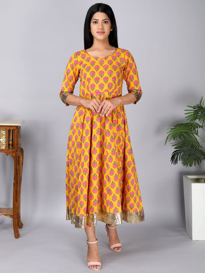 Yellow and Pink Cambric Cotton Anarkali Set