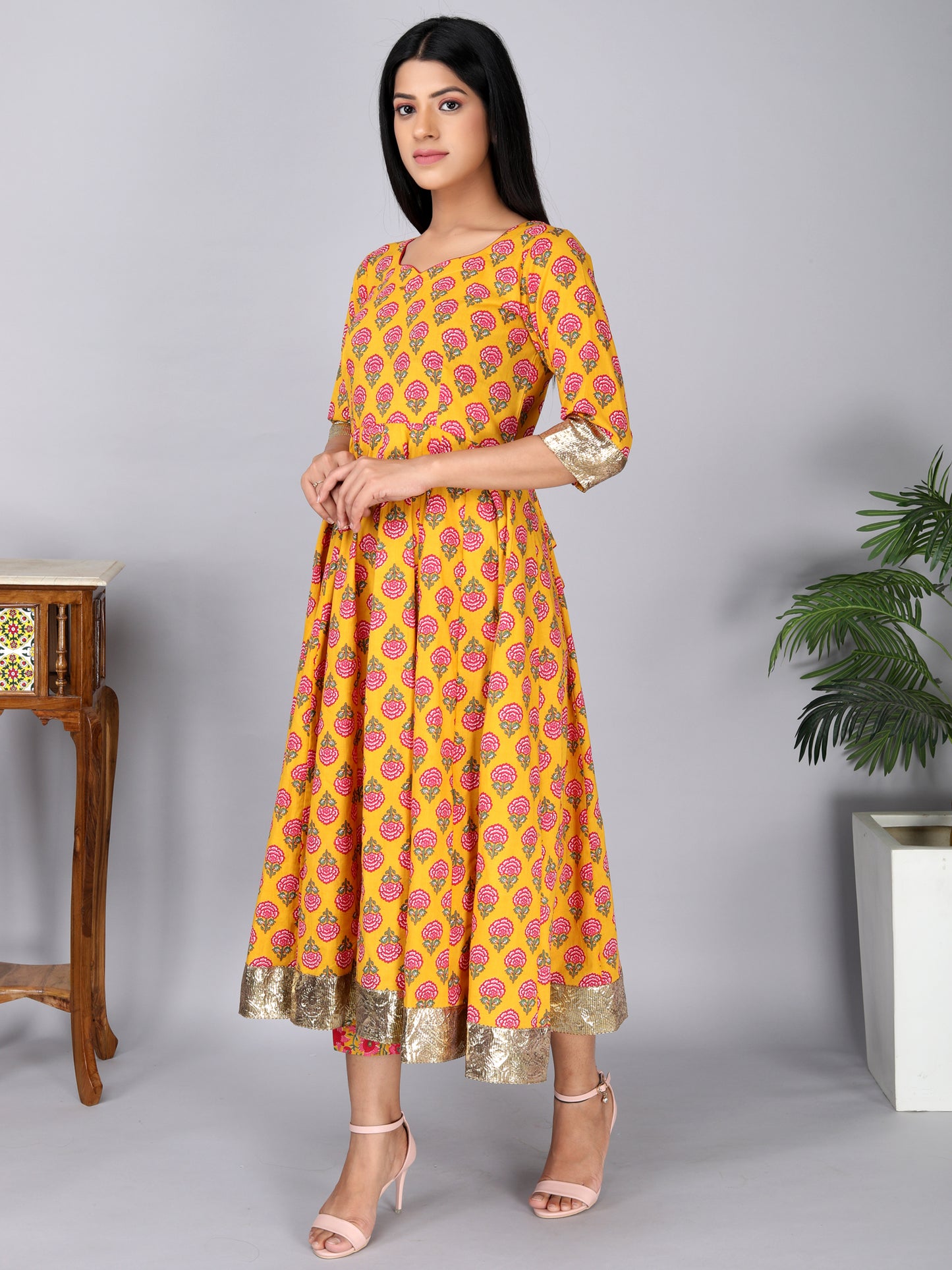 Yellow and Pink Cambric Cotton Anarkali Set