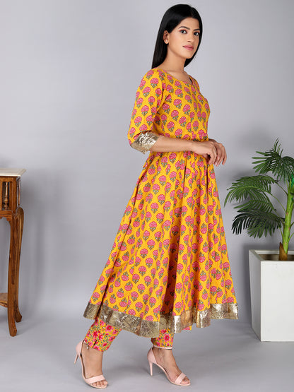 Yellow and Pink Cambric Cotton Anarkali Set