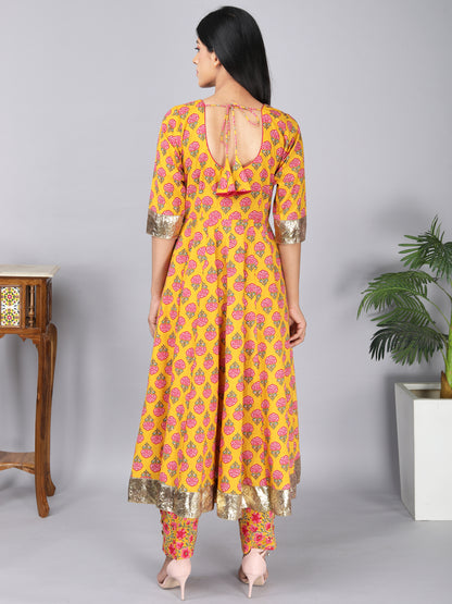 Yellow and Pink Cambric Cotton Anarkali Set