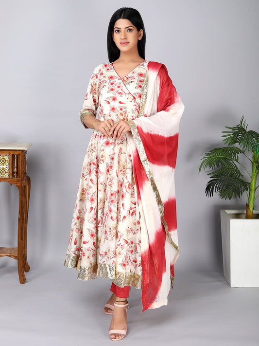 Red and Off White Pure Mul Cotton Anarkali Set