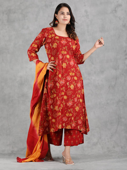 Red Floral Print Cotton Kurta Set