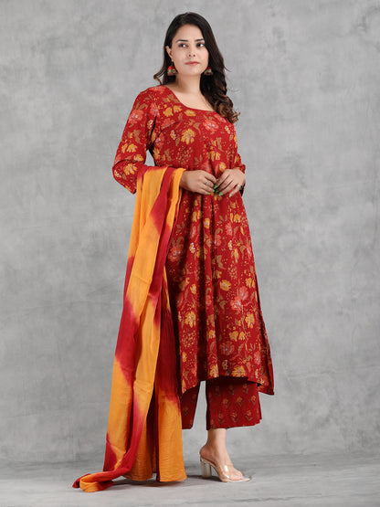 Red Floral Print Cotton Kurta Set