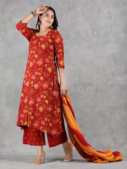 Red Floral Print Cotton Kurta Set