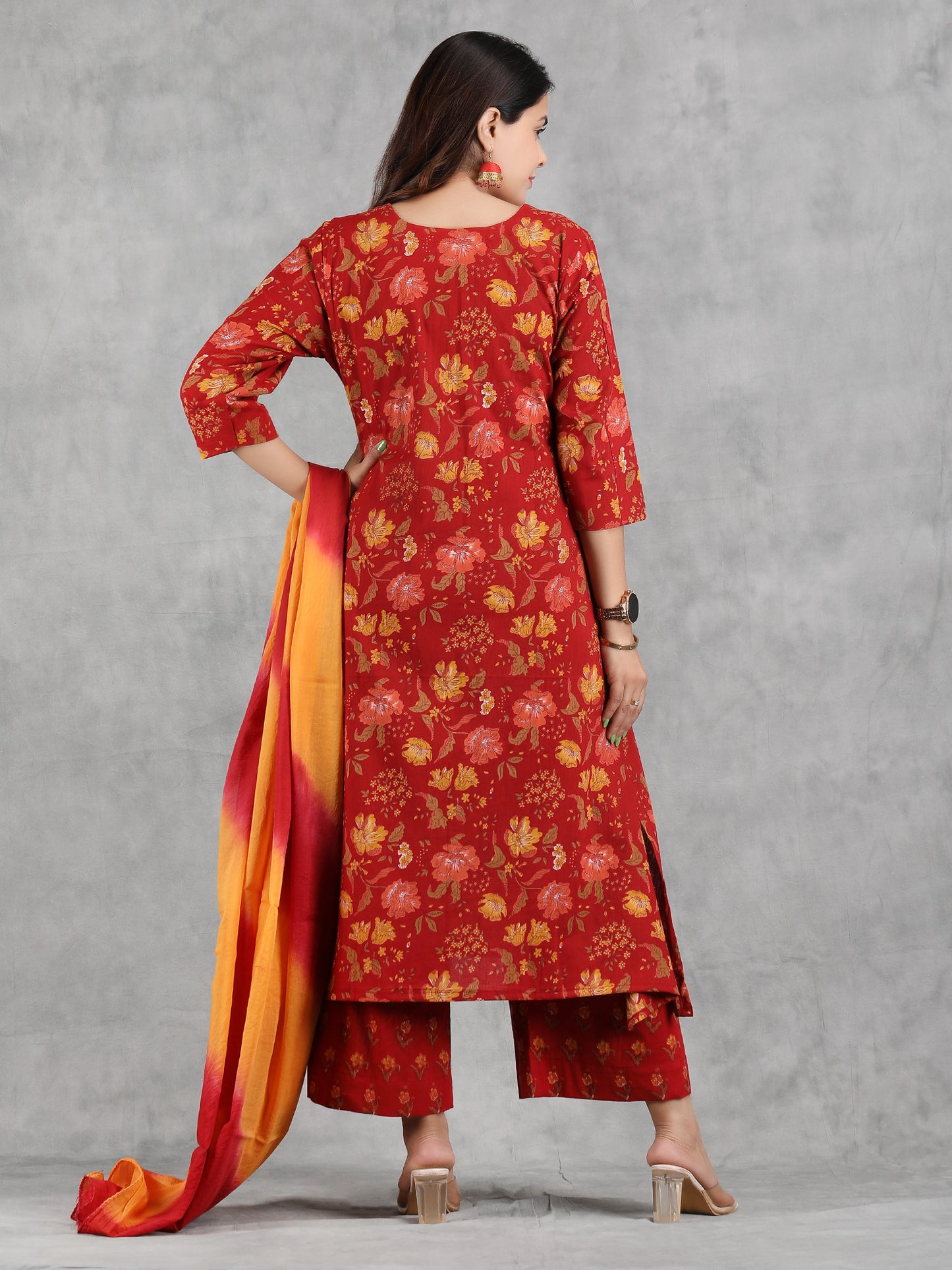 Red Floral Print Cotton Kurta Set