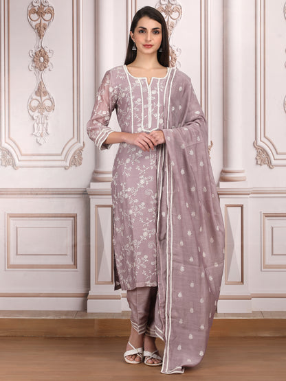 Mercerized Chanderi Thread Embroidred Kurta Set