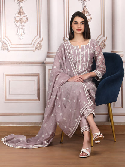 Mercerized Chanderi Thread Embroidred Kurta Set