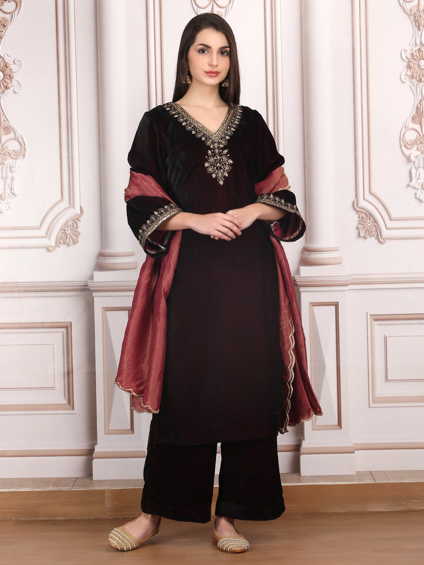 Dabka Dreams Velvet Elegance in Wine with Sequin and Zari