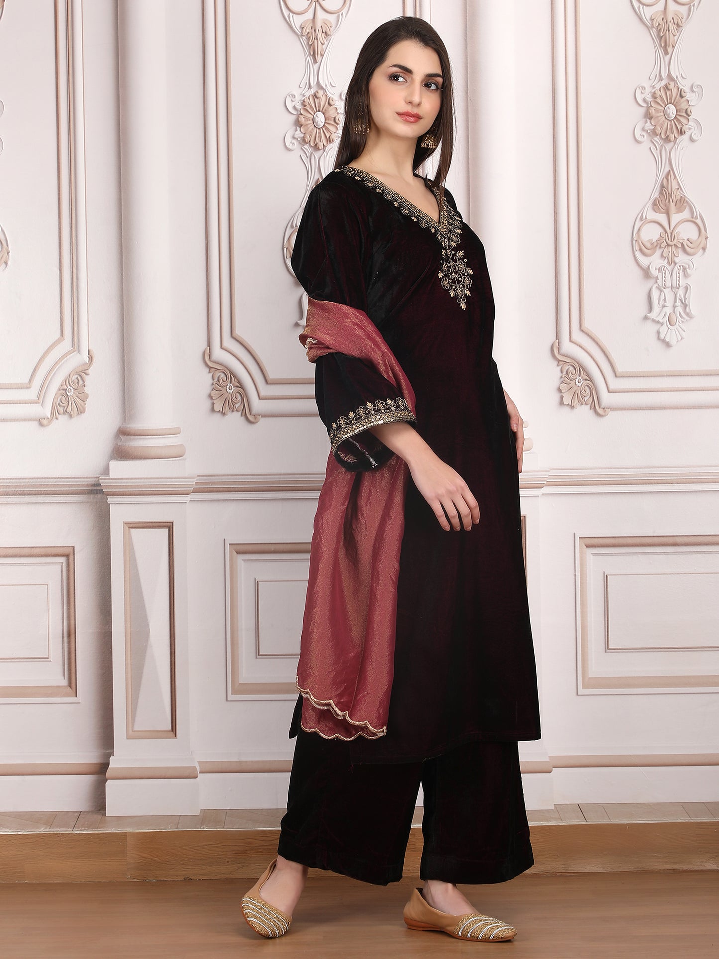 Dabka Dreams Velvet Elegance in Wine with Sequin and Zari