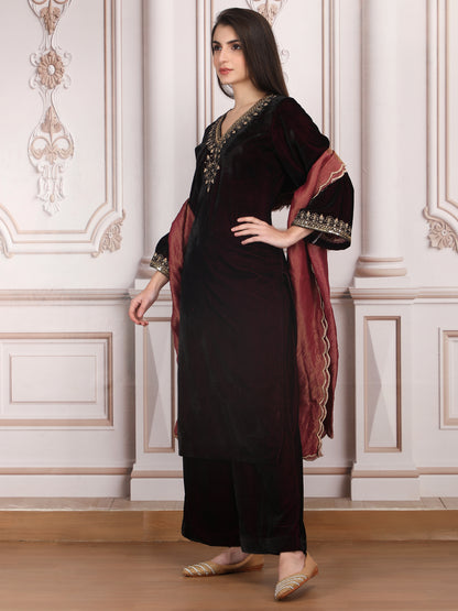 Dabka Dreams Velvet Elegance in Wine with Sequin and Zari