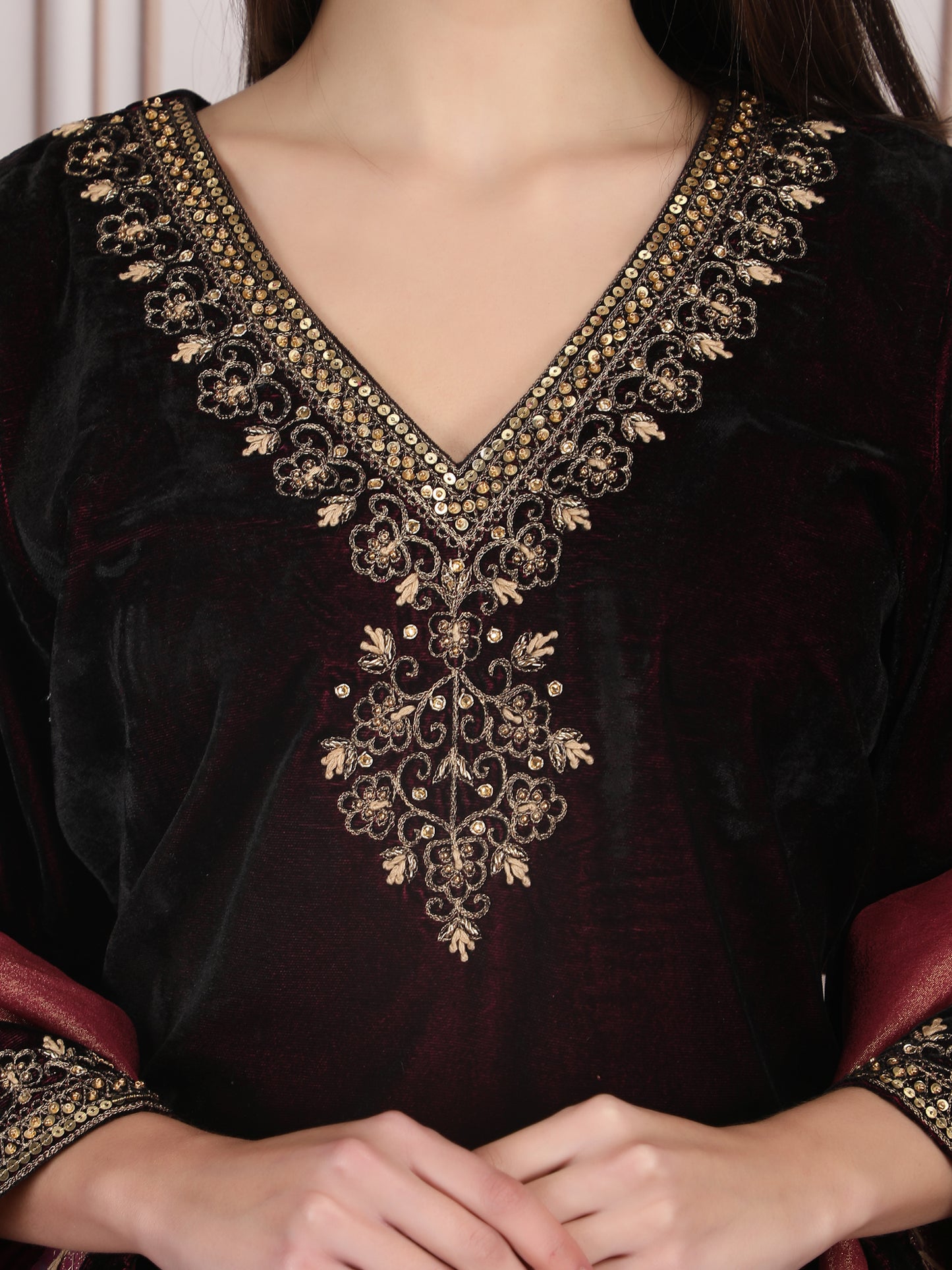 Dabka Dreams Velvet Elegance in Wine with Sequin and Zari