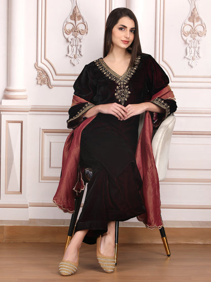 Dabka Dreams Velvet Elegance in Wine with Sequin and Zari