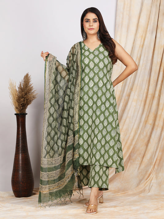 Pista Phool Cotton Handblock Print Kurta Set