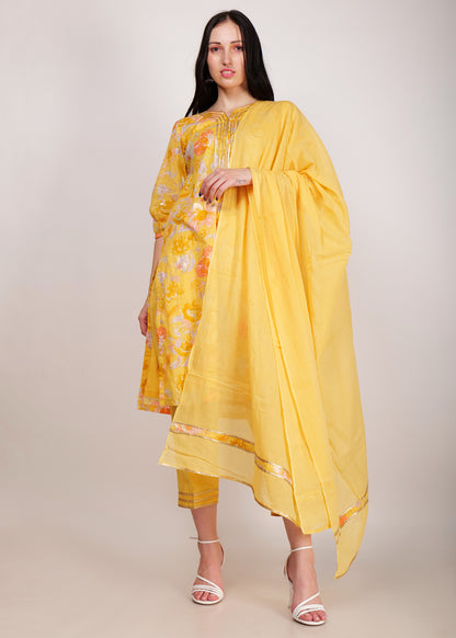 Yellow Floral Print Mul Cotton Kurta Set