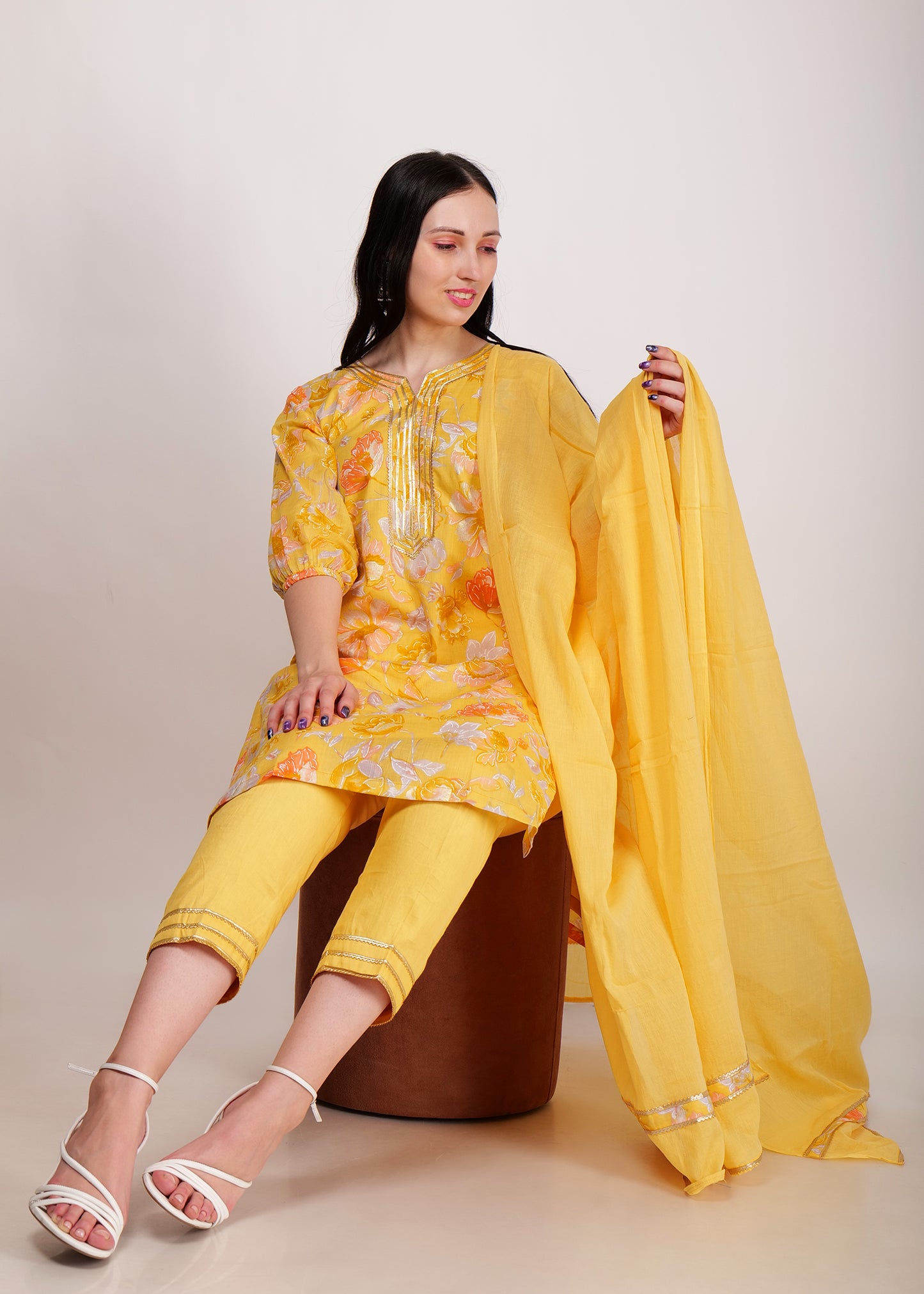 Yellow Floral Print Mul Cotton Kurta Set