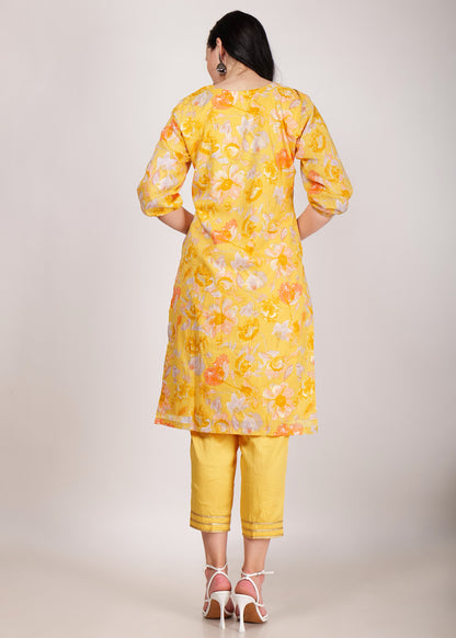 Yellow Floral Print Mul Cotton Kurta Set