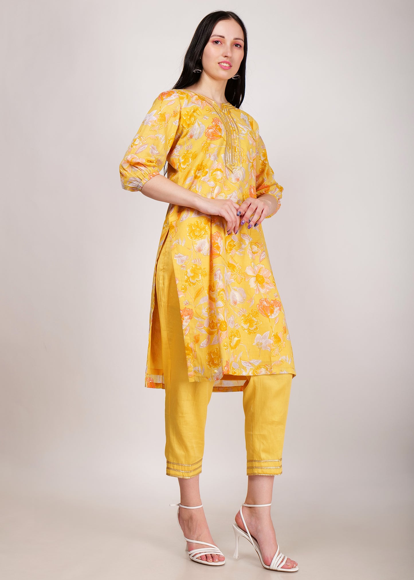 Yellow Floral Print Mul Cotton Kurta Set