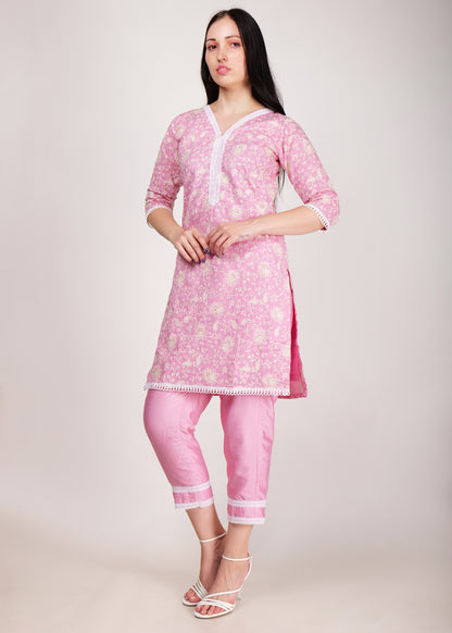 Pink Lucknowi Floral Embroidery Chikankari Kurta Set.