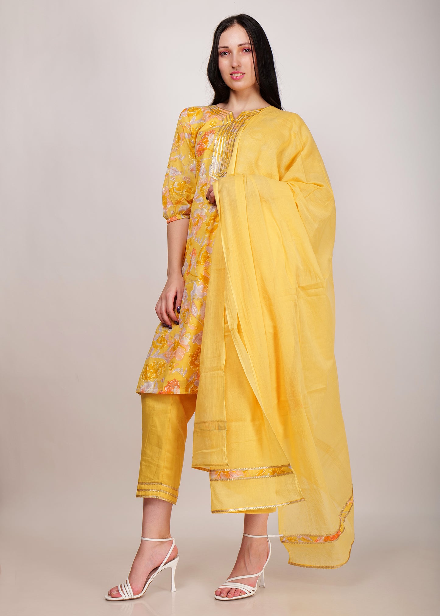 Yellow Floral Print Mul Cotton Kurta Set