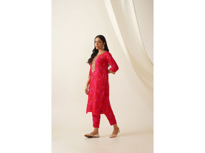 Red Tie & Dye Pattern Zardosi Embroidred Uppada Silk Kurta Set