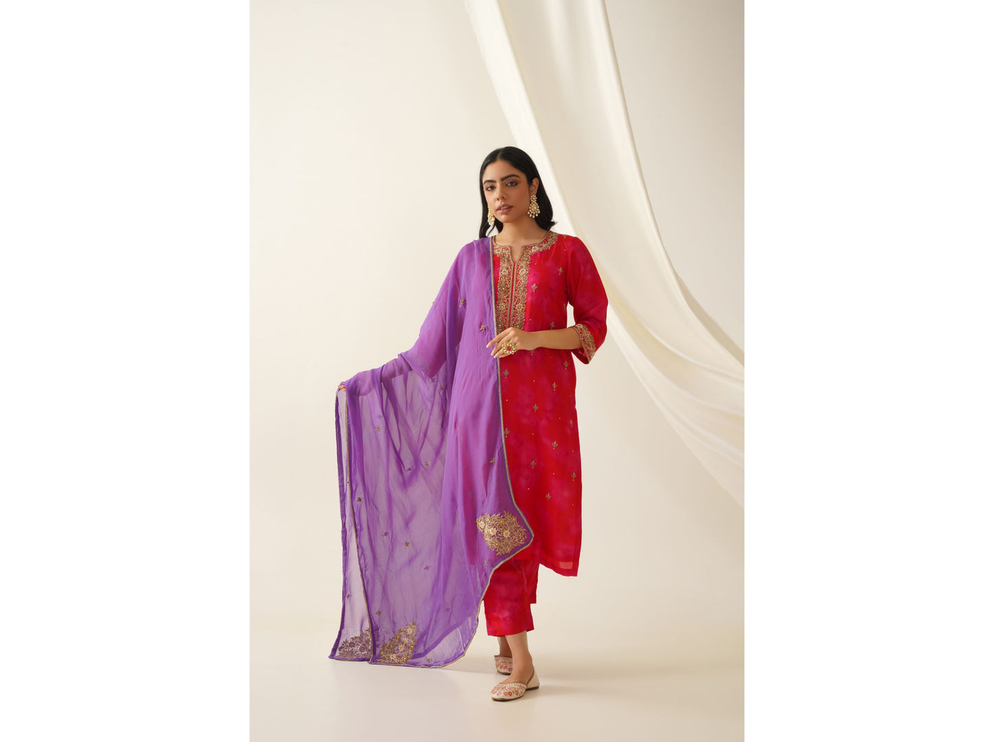 Red Tie & Dye Pattern Zardosi Embroidred Uppada Silk Kurta Set