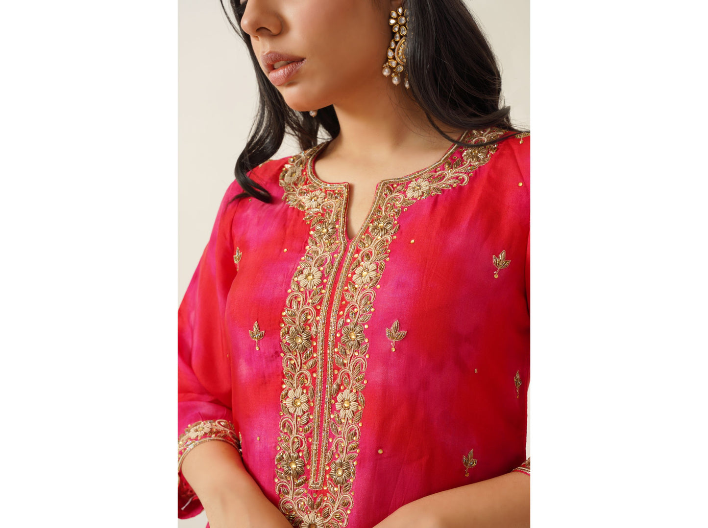 Red Tie & Dye Pattern Zardosi Embroidred Uppada Silk Kurta Set