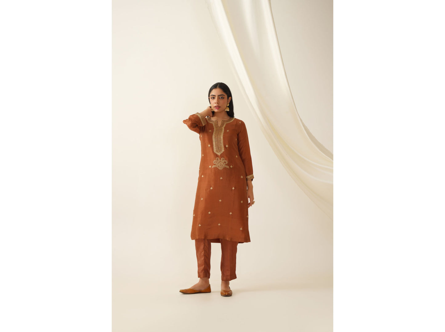 Sequin and Zari Embroidred Dark Brown Uppada Silk Kurta Set