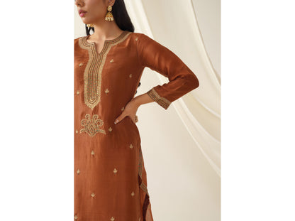 Sequin and Zari Embroidred Dark Brown Uppada Silk Kurta Set