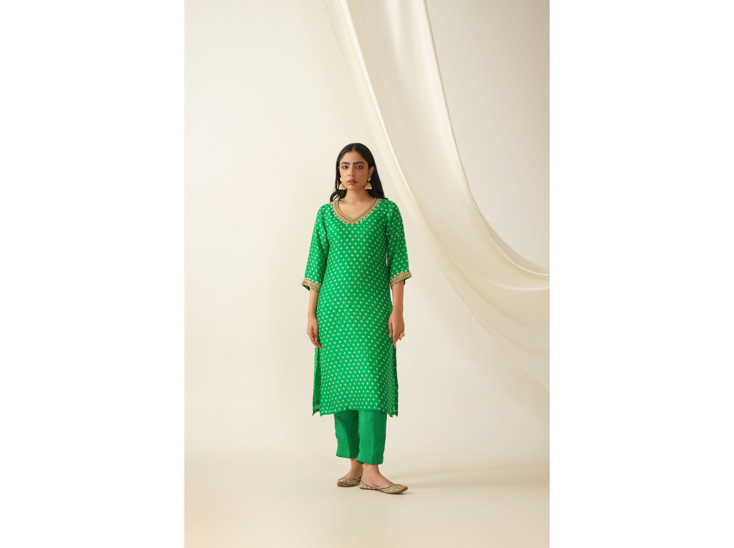 Green and Pink Uppada Silk Bandhani Print Kurta Set