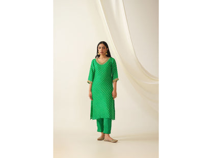 Green and Pink Uppada Silk Bandhani Print Kurta Set