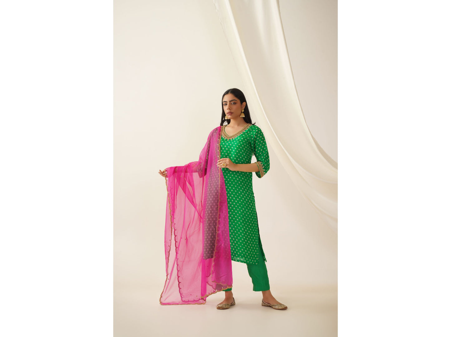 Green and Pink Uppada Silk Bandhani Print Kurta Set