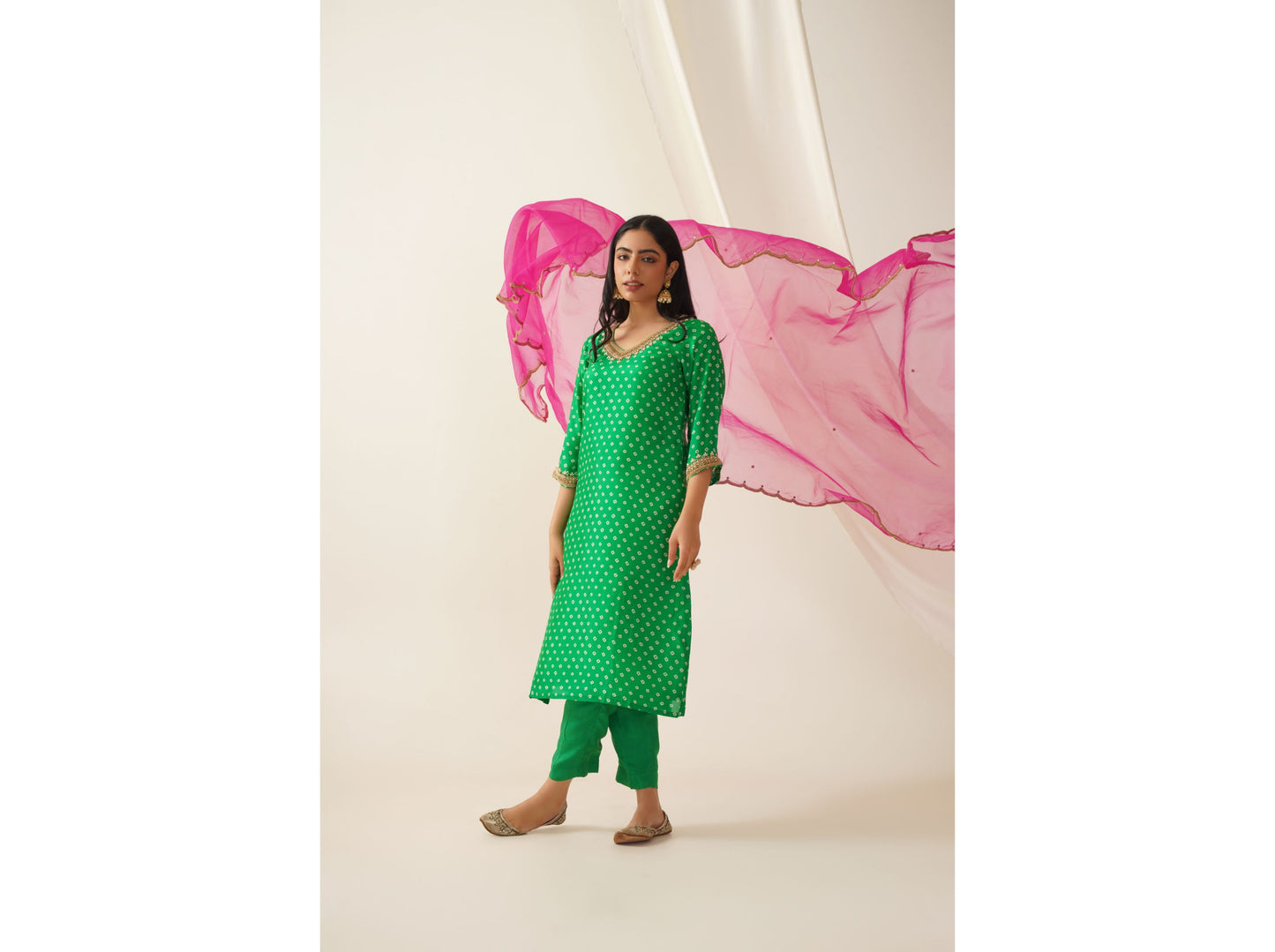 Green and Pink Uppada Silk Bandhani Print Kurta Set