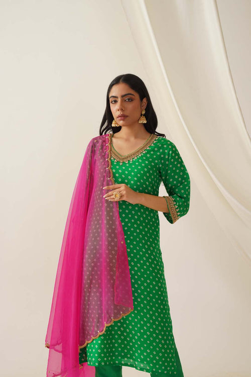 Aarini Uppada Silk Hand Embroidered Bandhani Kurta Set with Dupatta
