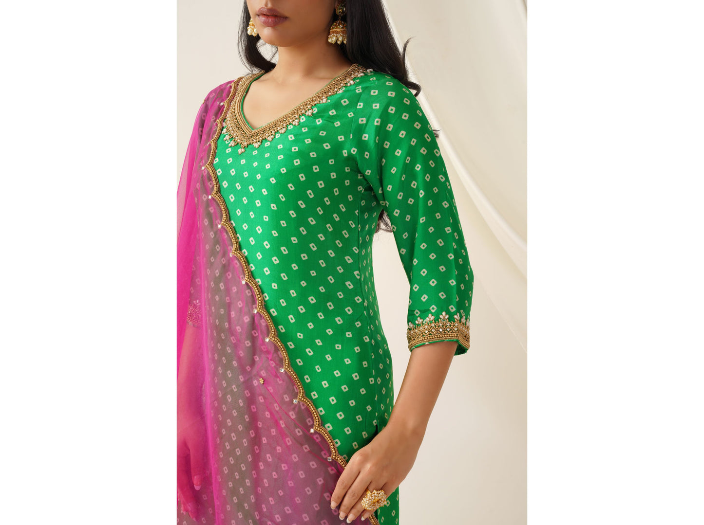 Green and Pink Uppada Silk Bandhani Print Kurta Set