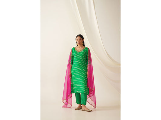 Green and Pink Uppada Silk Bandhani Print Kurta Set