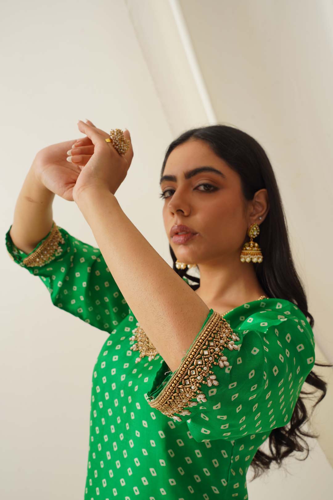 Aarini Uppada Silk Hand Embroidered Bandhani Kurta Set with Dupatta