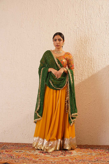 Mustard and Bottle Green Sequin and Zari Embroidred Lehenga Set