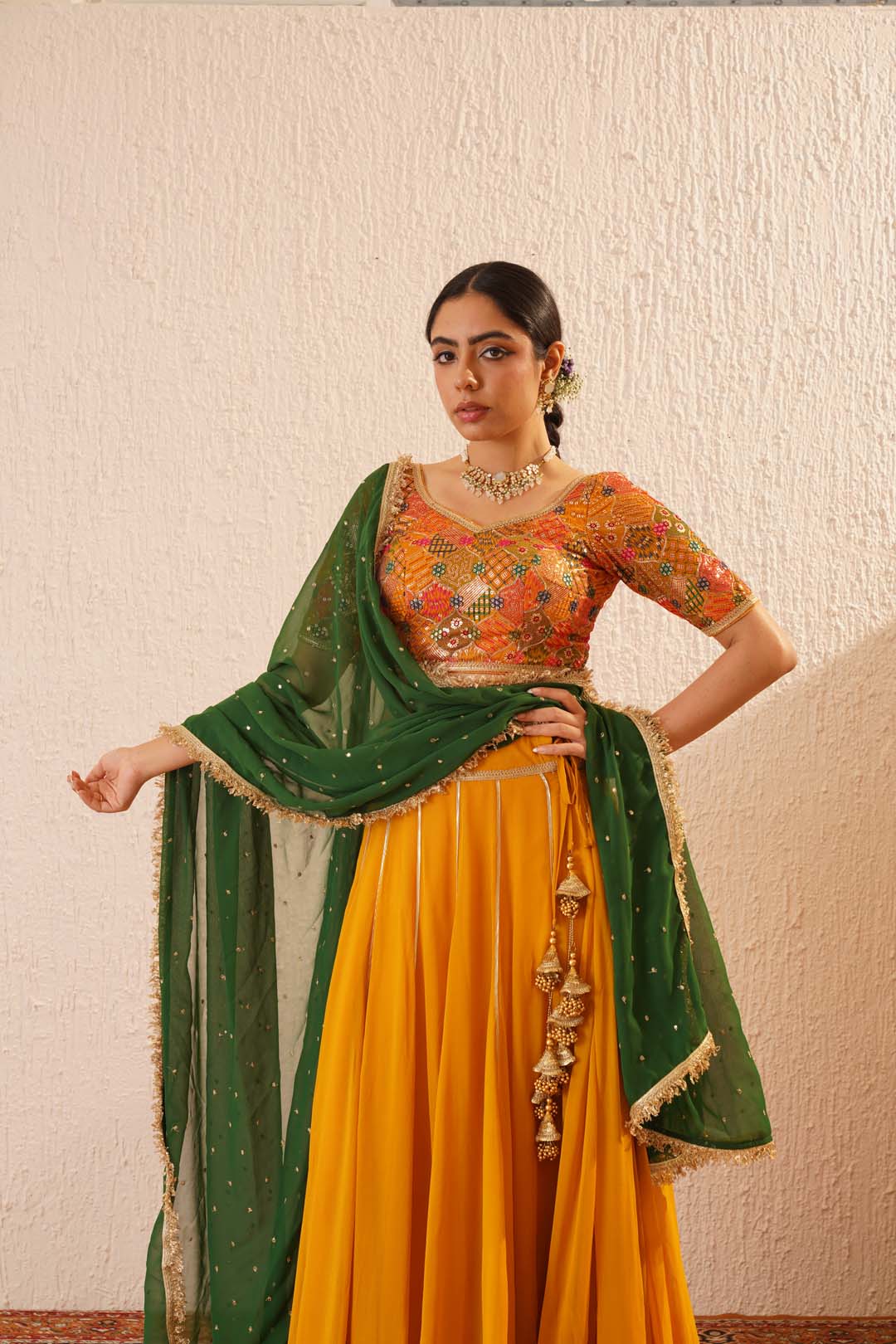 Mustard and Bottle Green Sequin and Zari Embroidred Lehenga Set