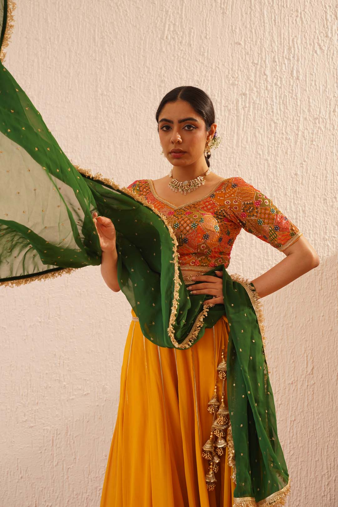 Mustard and Bottle Green Sequin and Zari Embroidred Lehenga Set