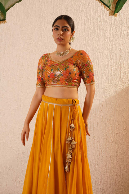 Mustard and Bottle Green Sequin and Zari Embroidred Lehenga Set