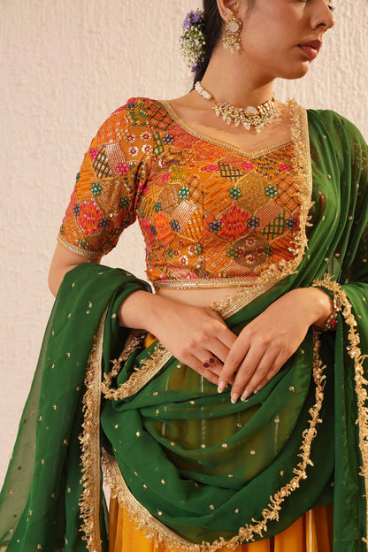 Mustard and Bottle Green Sequin and Zari Embroidred Lehenga Set