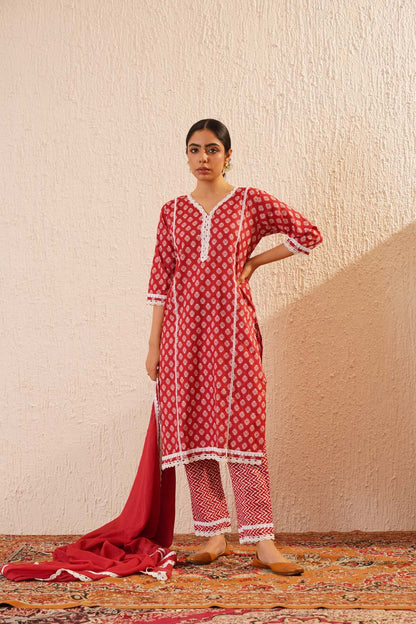 Red and White Pure Cotton Kurta Set